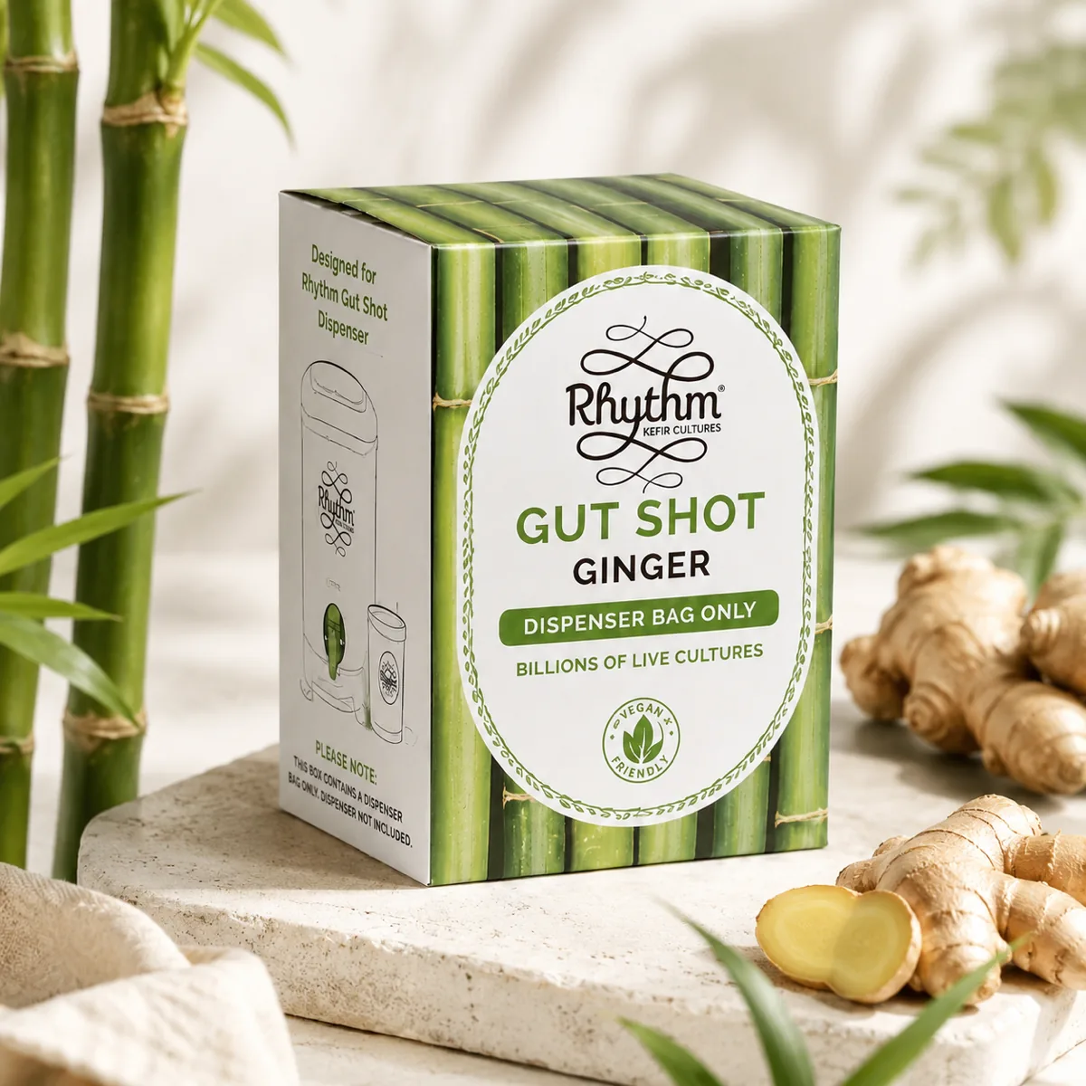 Bamboo Gut Shot packaging with ginger root