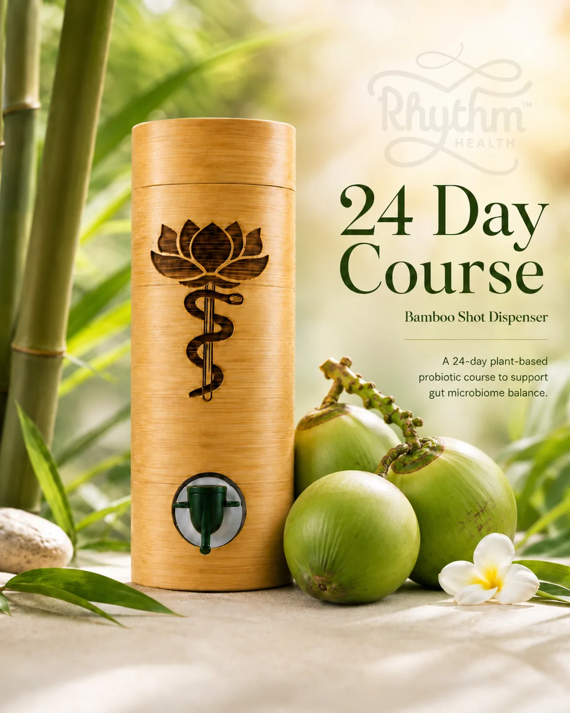 Rhythm Health 24-day bamboo Life Shot dispenser beside fresh green coconuts