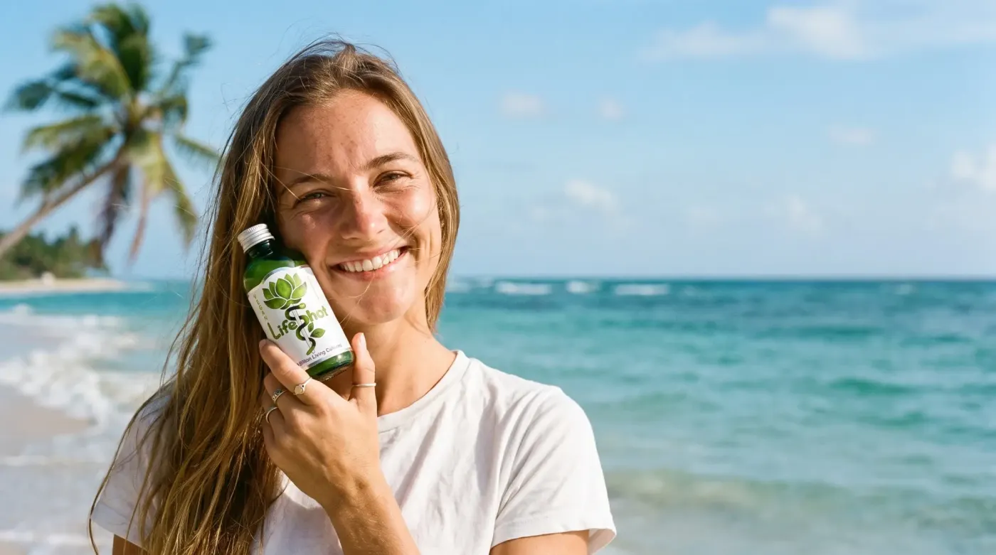 Smiling woman on a tropical beach holding a bottle of Rhythm Health Life Shot