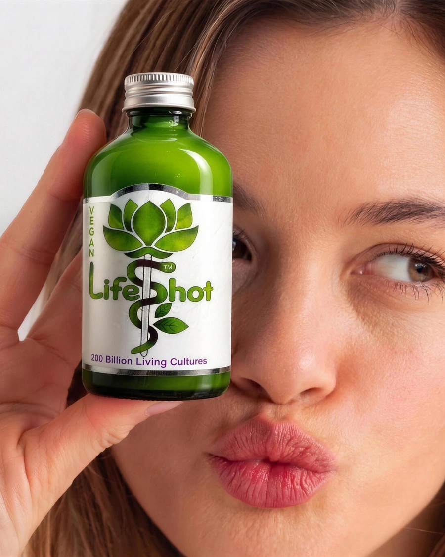 A woman holding a LifeShot bottle next to her face