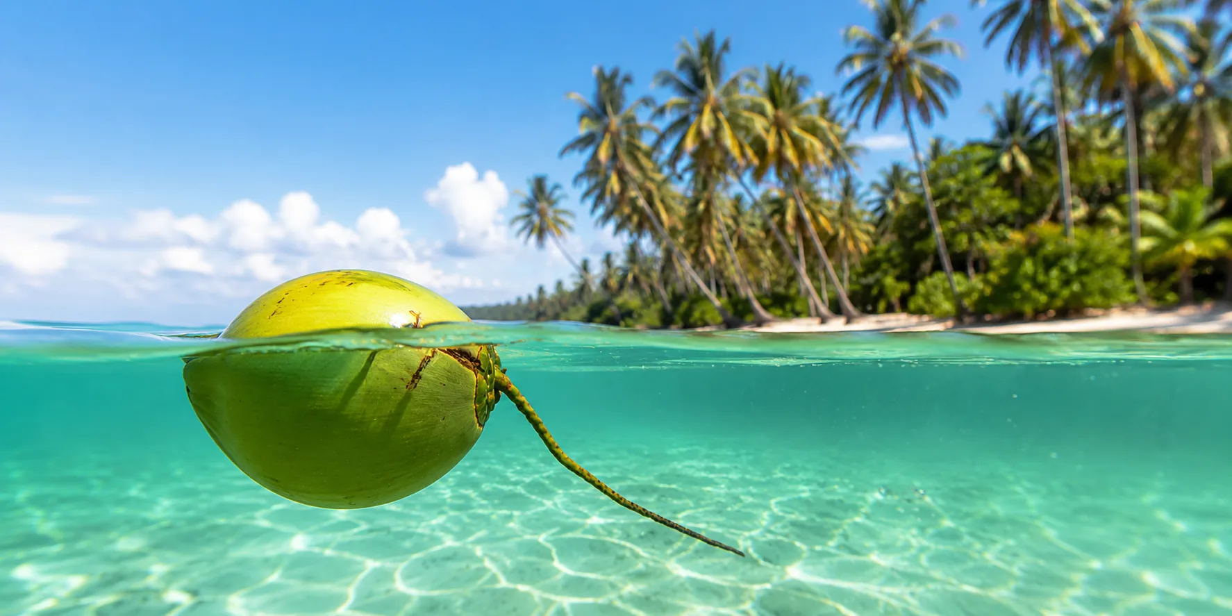 A young green coconut drifting toward a palm-fringed tropical island