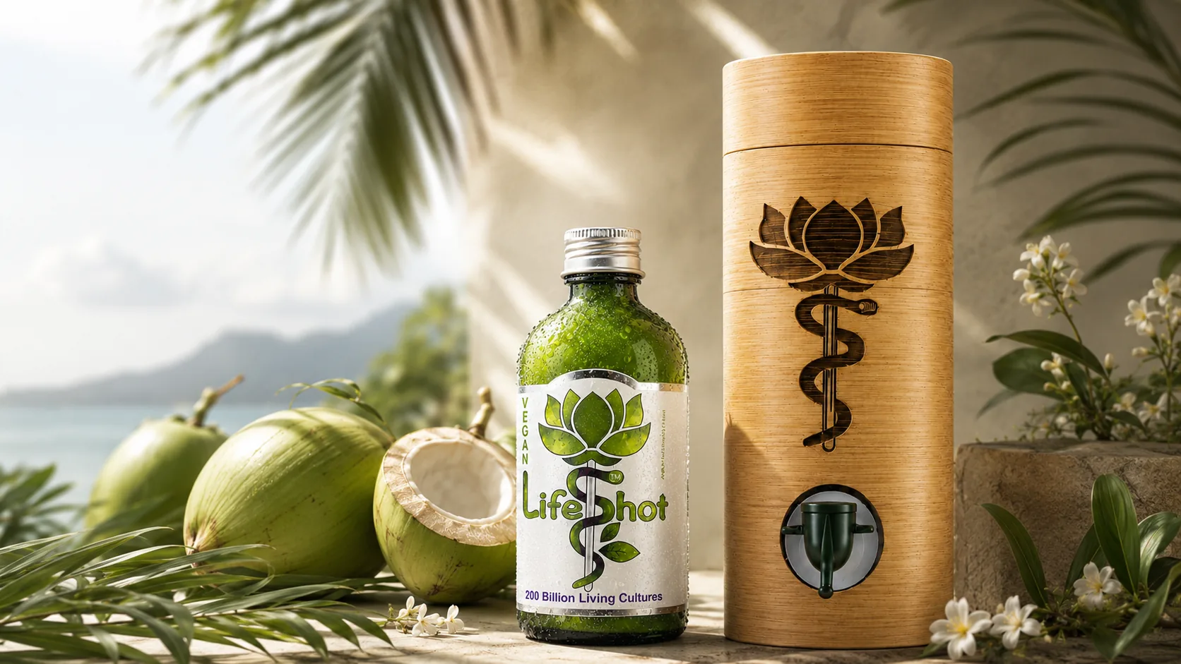 Rhythm Health Life Shot bottle beside a bamboo dispenser with fresh coconuts
