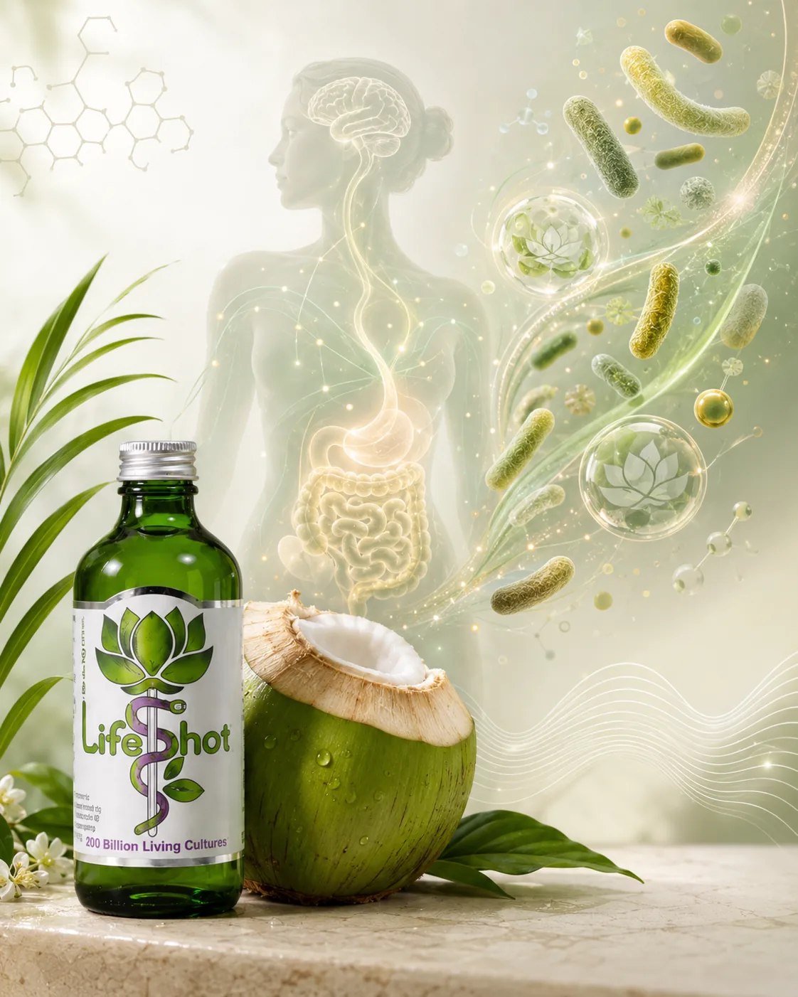 A woman's silhouette showing the gut-brain axis, beside a Rhythm Health Life Shot and fresh coconut