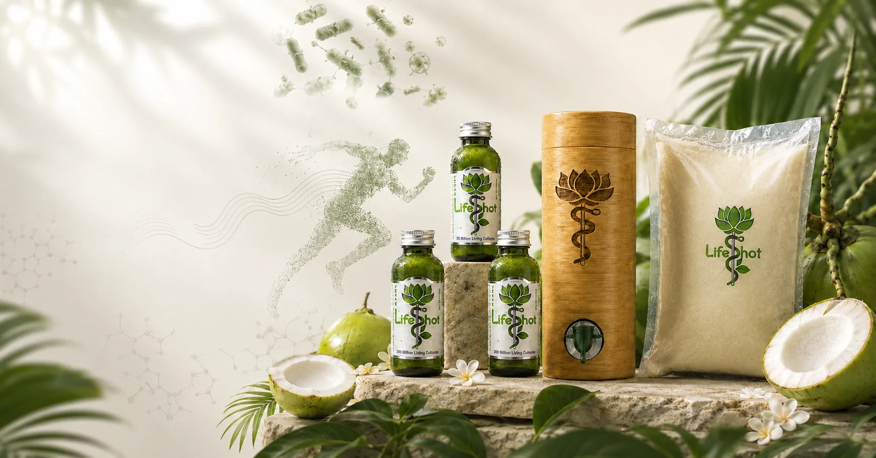 Rhythm Health Life Shot range: fermented coconut kefir bottles, bamboo dispenser and refill pouch
