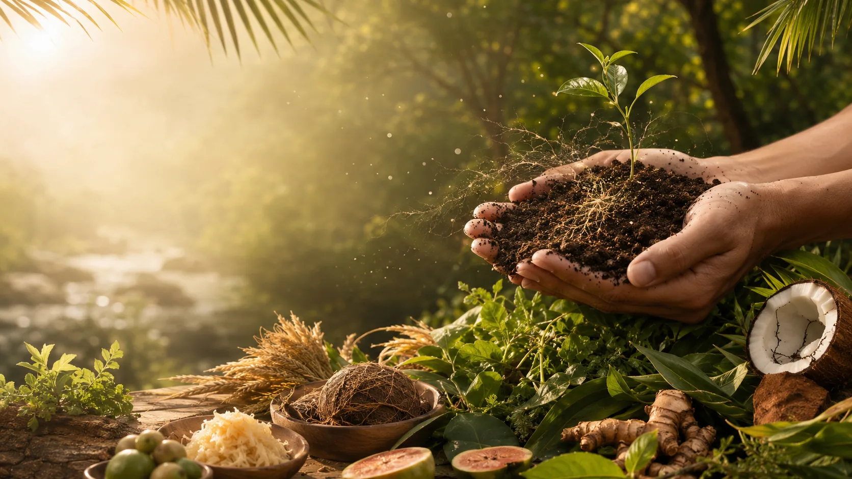 Hands cradling soil and a sprouting seedling among coconut, roots and living plants