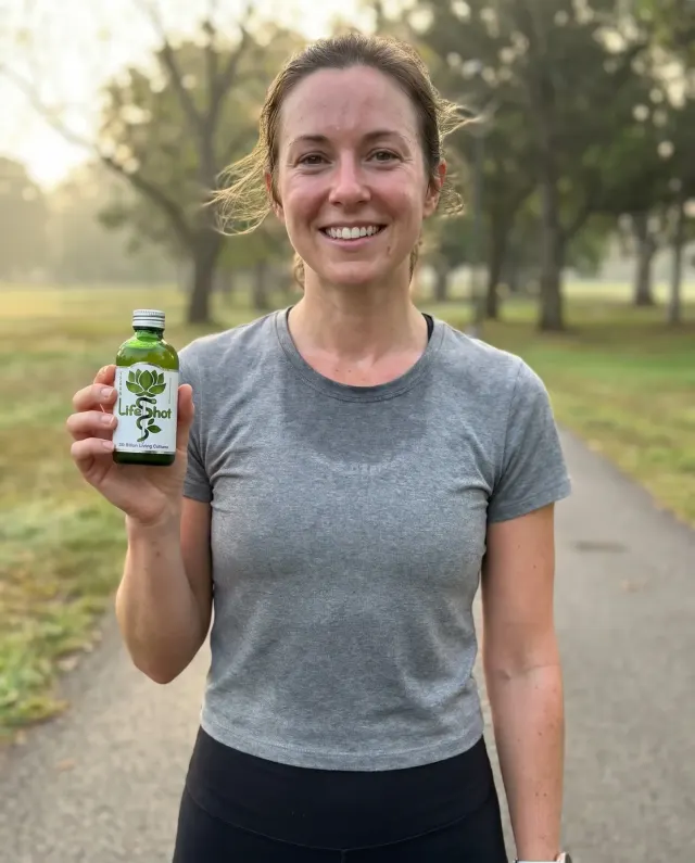 Smiling runner in a park after a morning run, holding a Rhythm Health Life Shot