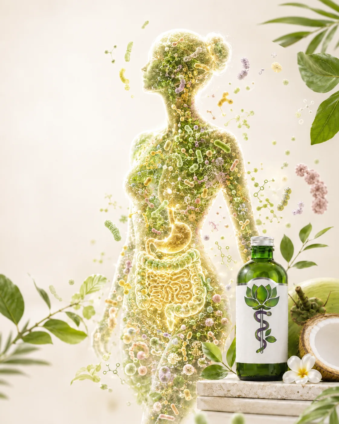 A woman's silhouette filled with a thriving gut microbiome beside a Rhythm Health Life Shot