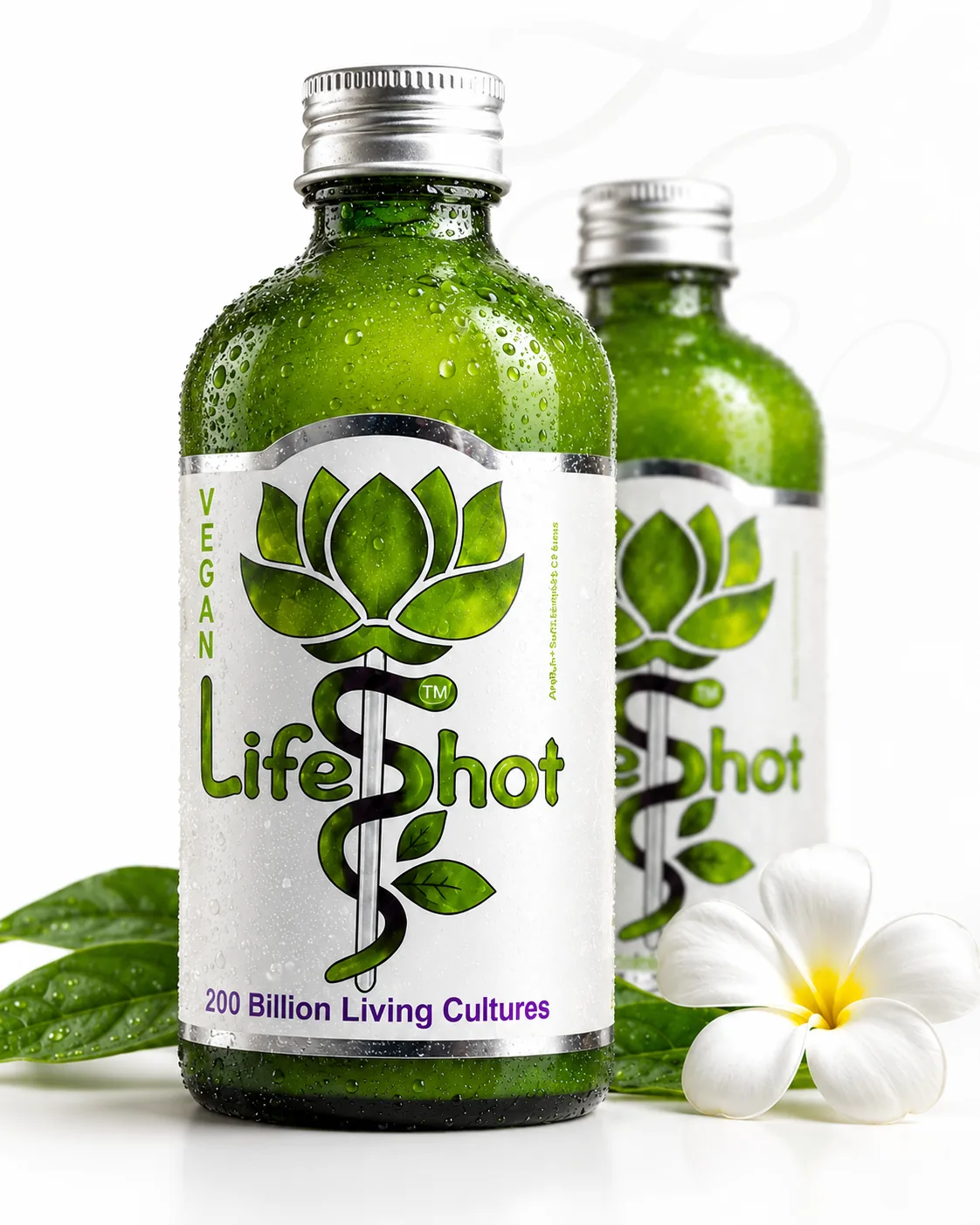 Rhythm Health vegan Life Shot bottles with frangipani flower