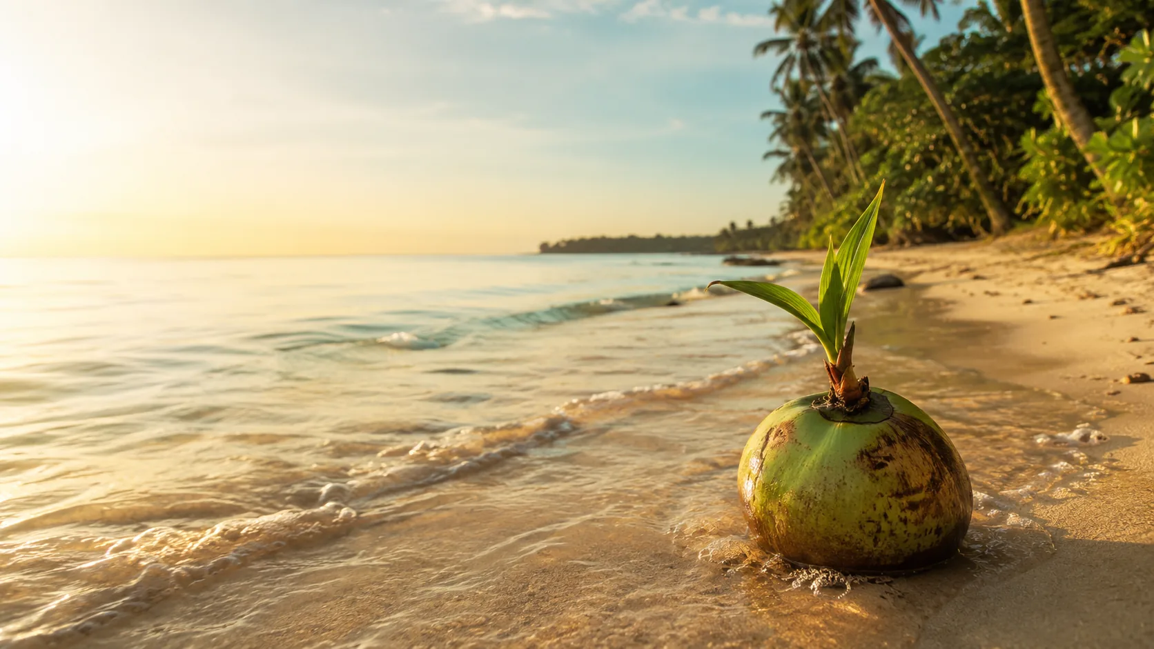 A sprouting green coconut resting on a tropical beach at sunrise