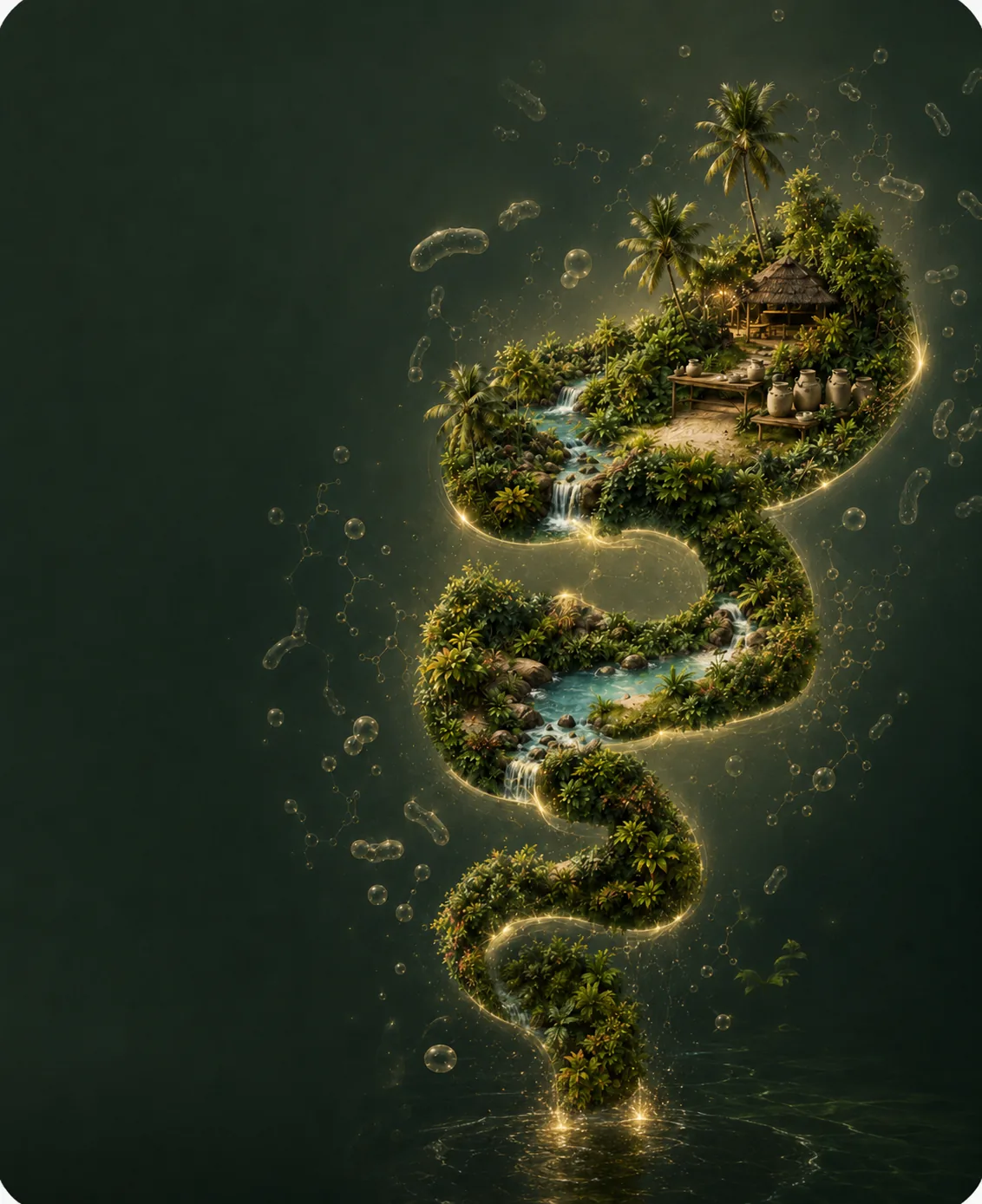 A Life Shot serpent-shaped tropical island — a living inner ecosystem
