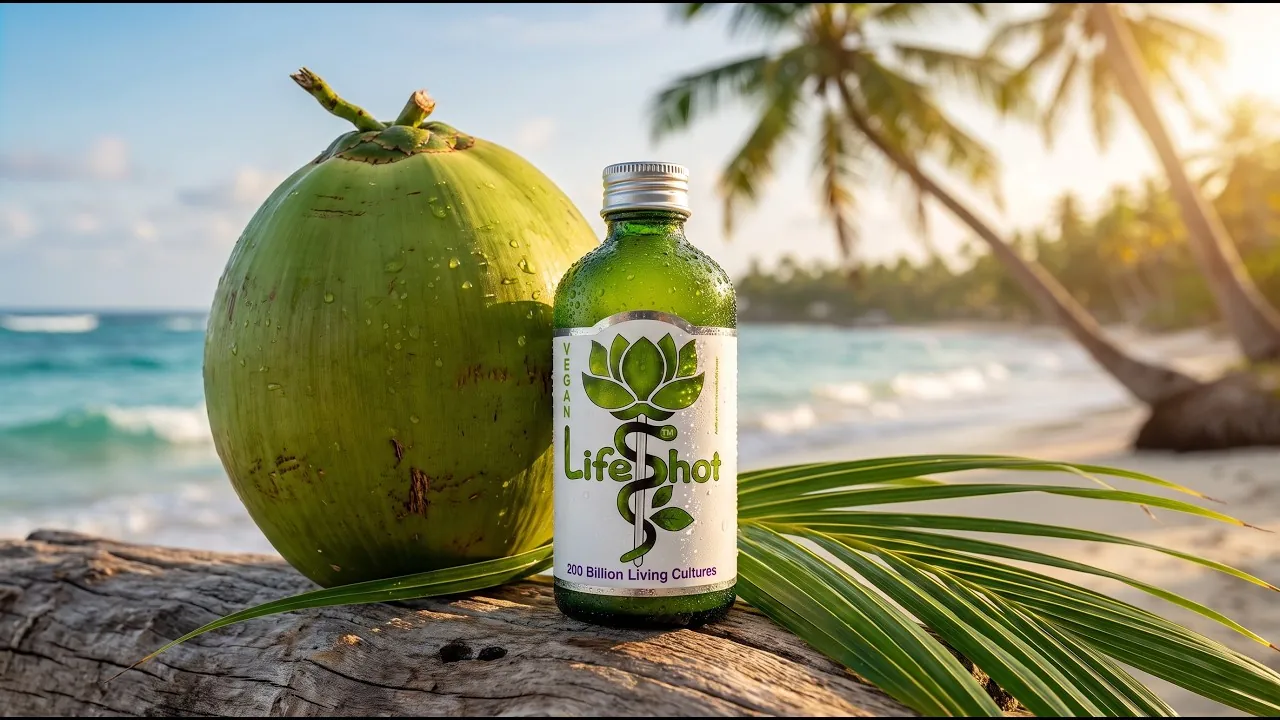 A Rhythm Health Life Shot beside a fresh coconut on a tropical beach